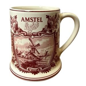 Vtg AMSTEL LIGHT 5" Beer Mug Stein Red Delft Windmill Hand Painted Holland EUC